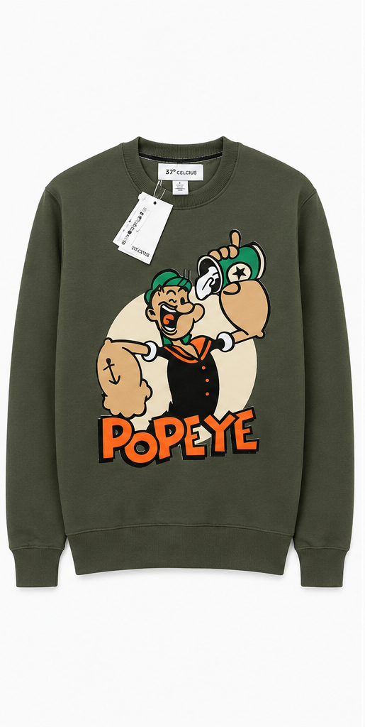 Olive green sweatshirt with Popeye cartoon graphic and tags
