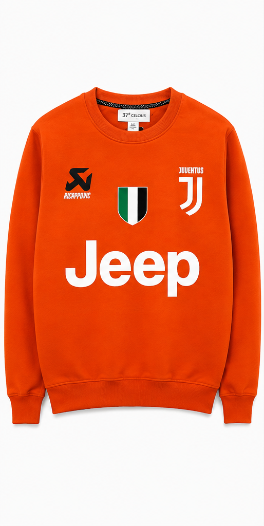 Front view of orange Juventus sweatshirt with Jeep logo and team emblems