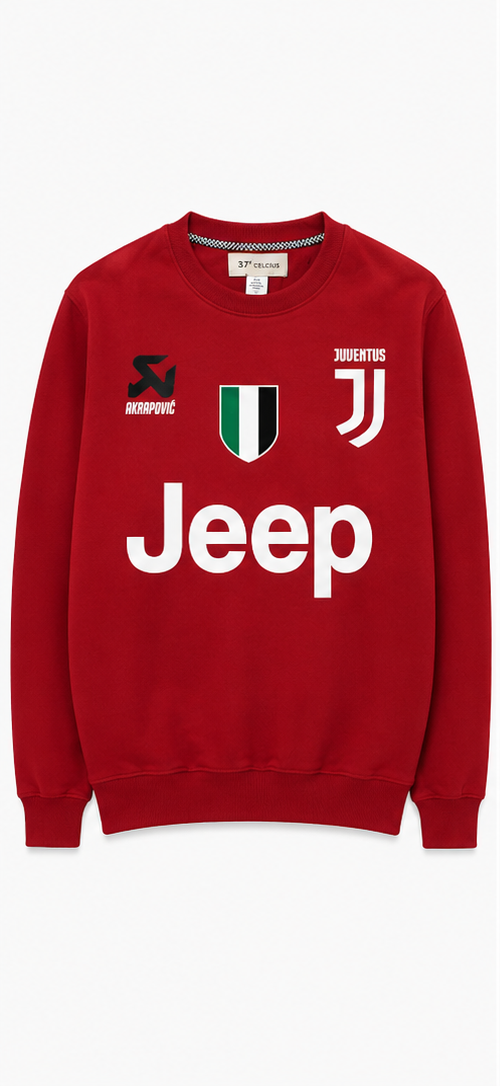 Red Juventus crew neck sweatshirt with club and sponsor logos on front