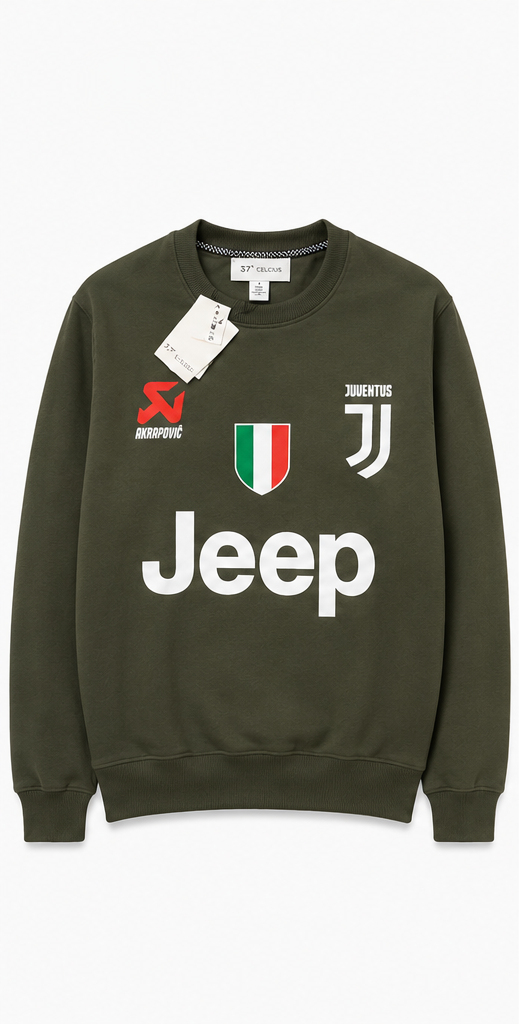 Front view of olive green Juventus logo sweatshirt with Jeep and Akrapovic branding