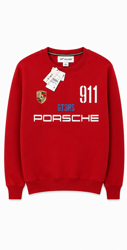 Front view of red Porsche 911 GT3RS sweatshirt with branding