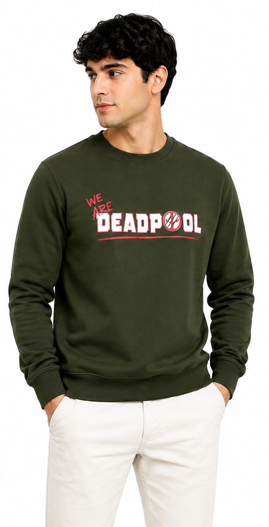 Model wearing dark green Deadpool crewneck sweatshirt with 'We Are Deadpool' graphic on front