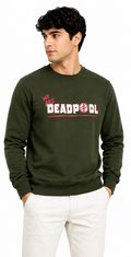 Model wearing dark green Deadpool crewneck sweatshirt with 'We Are Deadpool' graphic on front