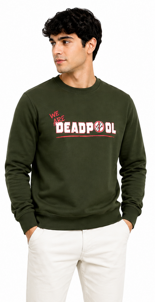 Model wearing dark green Deadpool crewneck sweatshirt with 'We Are Deadpool' graphic on front