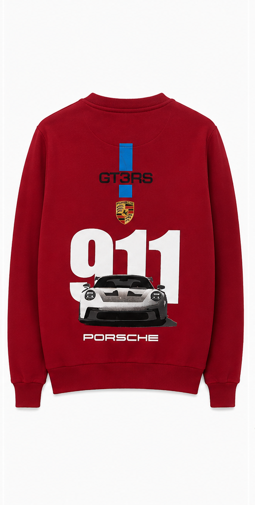 Back view of red sweatshirt with Porsche 911 GT3RS graphics
