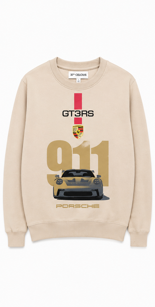 Front view of beige sweatshirt with Porsche 911 GT3 RS car graphic and branding