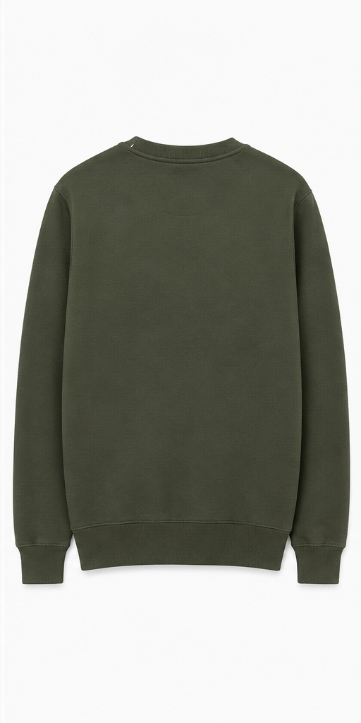 Back view of plain olive green sweatshirt