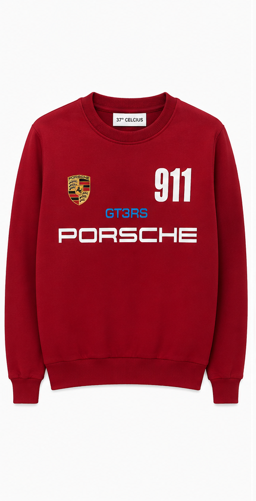 Front view of red Porsche 911 GT3RS sweatshirt with crest and logos