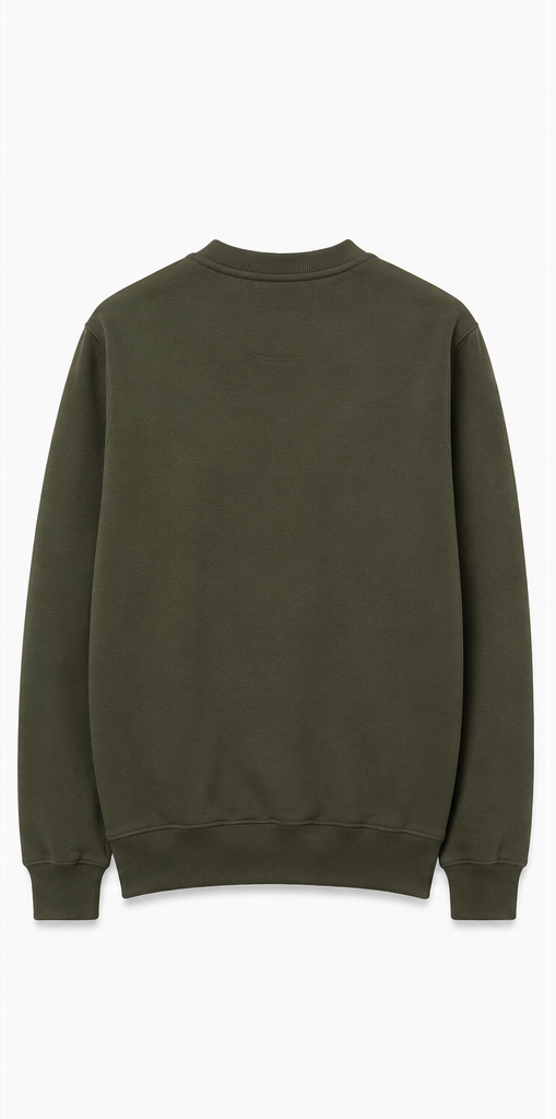 Back view of plain olive green sweatshirt