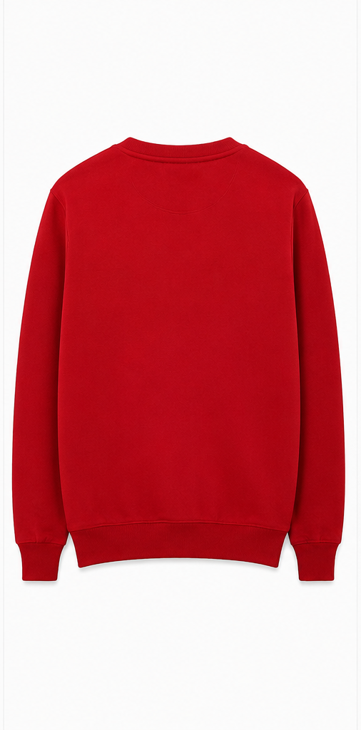 Back view of red crew neck Porsche sweatshirt