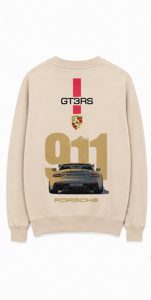 Back view of beige sweatshirt featuring Porsche 911 GT3 RS rear car graphic and branding