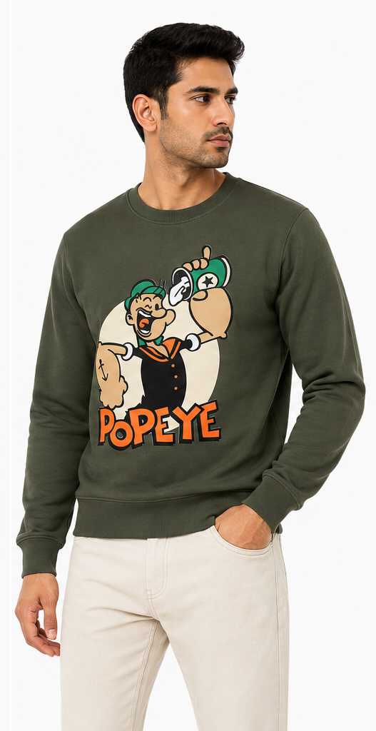 Model wearing olive green Popeye graphic sweatshirt