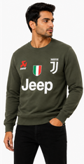 Model wearing olive green Juventus logo sweatshirt