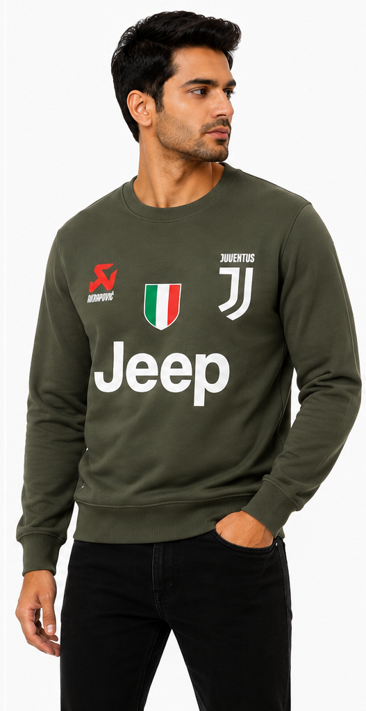 Model wearing olive green Juventus logo sweatshirt