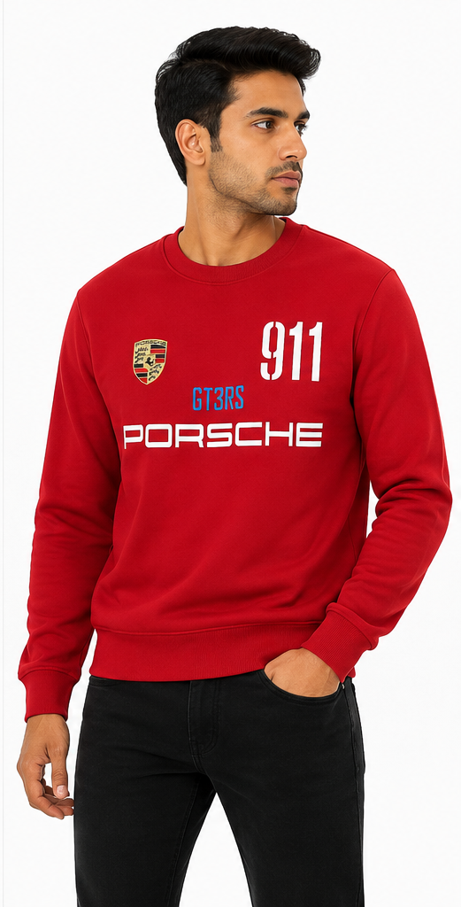 Model wearing red Porsche 911 GT3RS sweatshirt