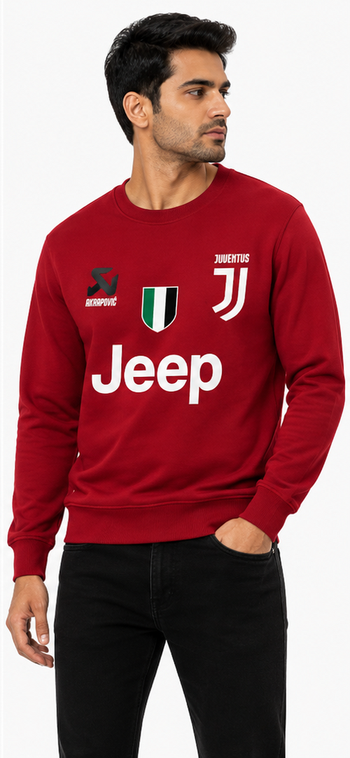 Model wearing red Juventus crew neck sweatshirt