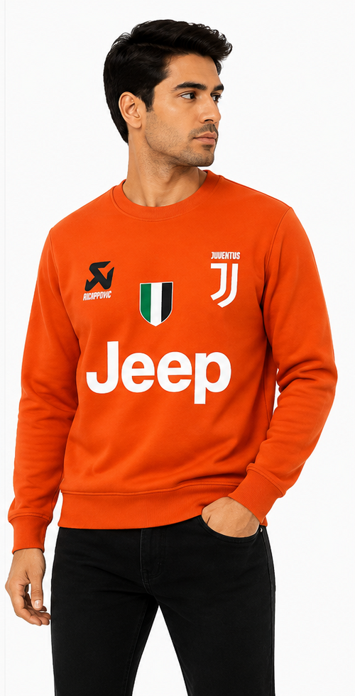 Model wearing orange Juventus sweatshirt with Jeep logo and team emblems