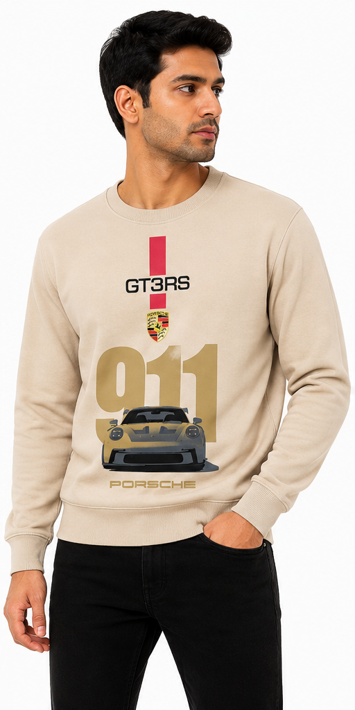 Model wearing beige Porsche 911 GT3 RS graphic sweatshirt