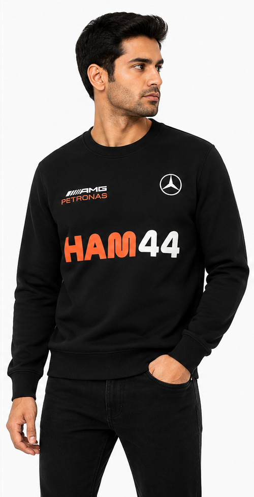 Model wearing AMG Petronas HAM44 black sweatshirt